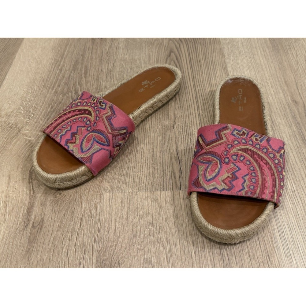 Etro Milan Paisley Size 39 Pink Canvas Espadrille Flats Slides Made in Spain